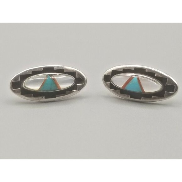 Teme Sterling 925 Inlayed Stones Ethnic Native American Acoma Earrings Signed - Picture 2 of 6